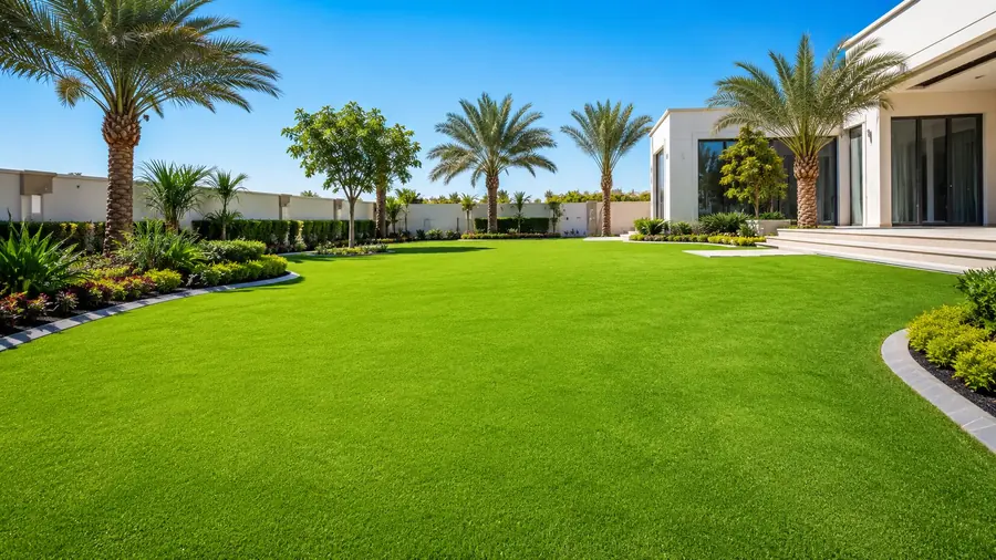 Fresh green lawn in a Dubai villa garden