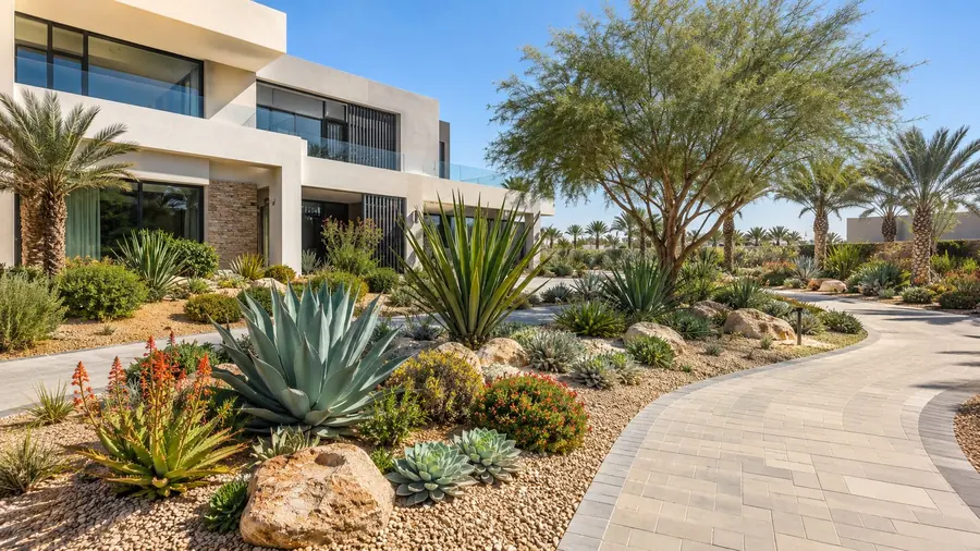 Low-water desert-adapted planting at a villa entrance