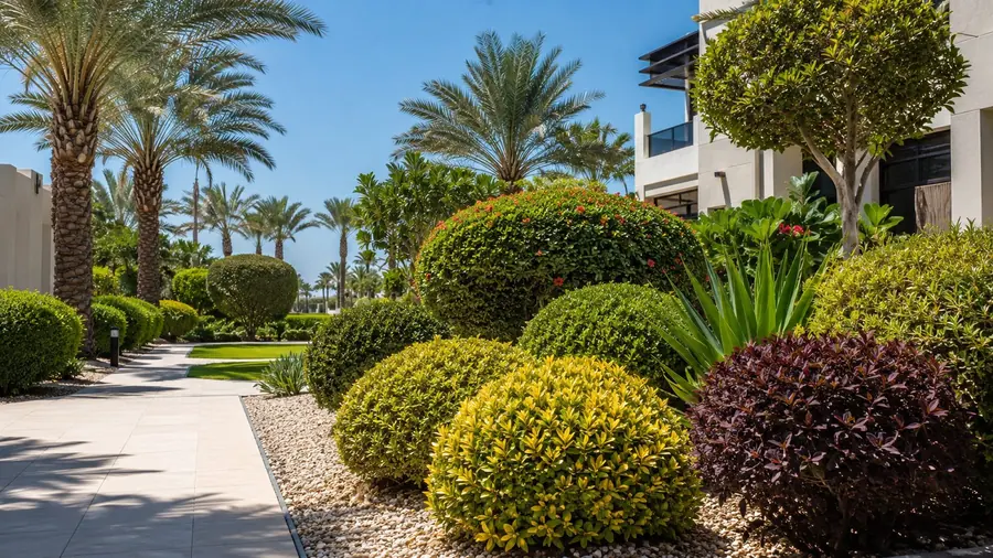 Privacy hedges and structured shrubs around a Dubai villa path
