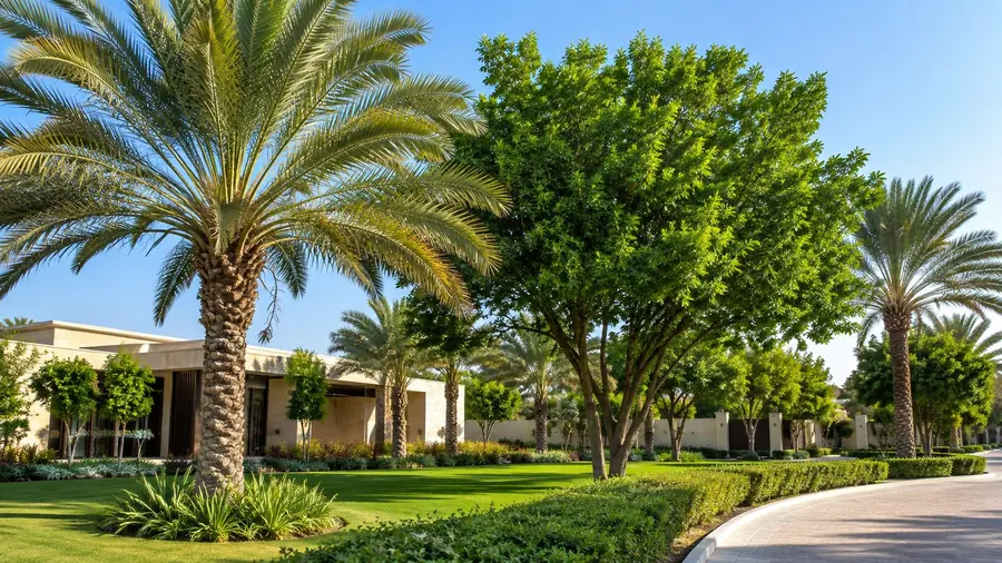 Palm-lined villa entrance garden in Dubai